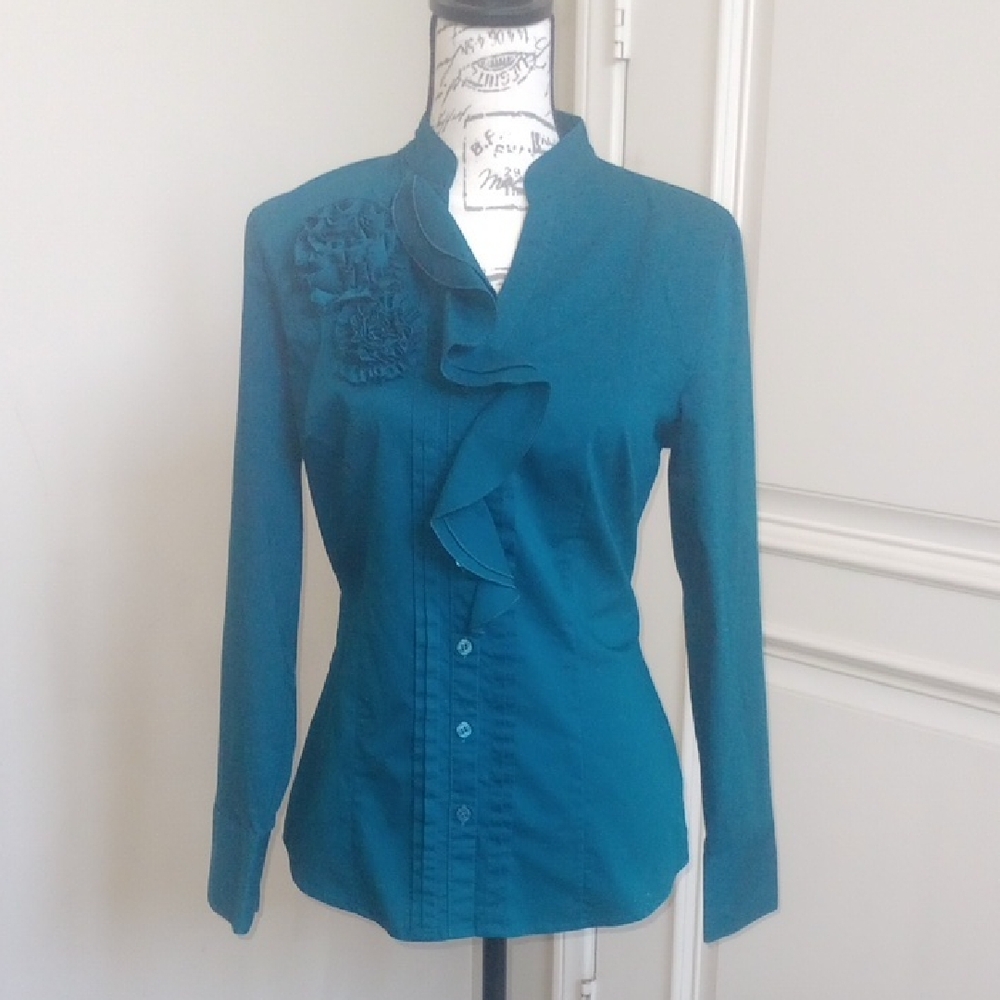 WorthingtonTeal Button Down Shirt with Ruffle